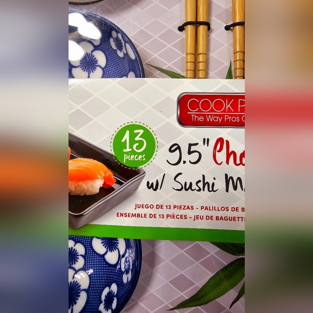 Cook Pro Bamboo 9.5" Sushi Chopstick Set with Blue Floral Dishes New - Picture 2 of 4